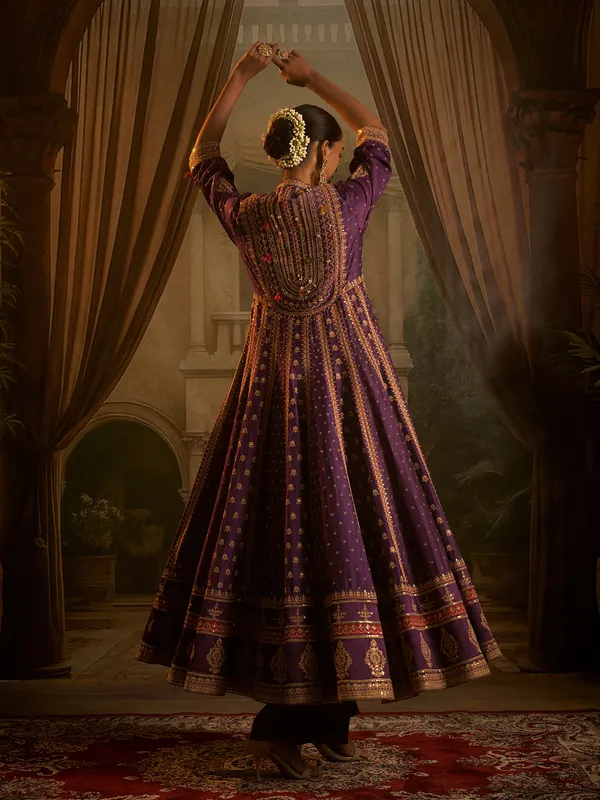 Purple silk anarkali suit for wedding wear