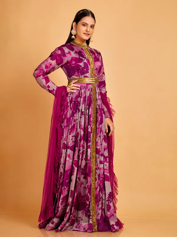 Purple silk anarkali suit in printed