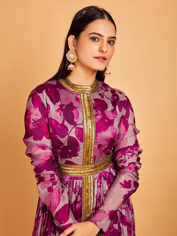 Purple silk anarkali suit in printed