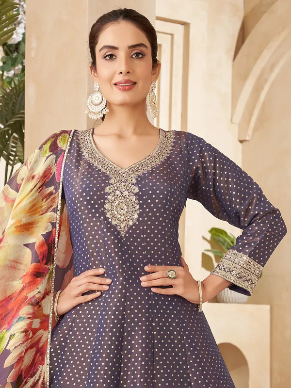 Purple silk anarkali suit with printed dupatta