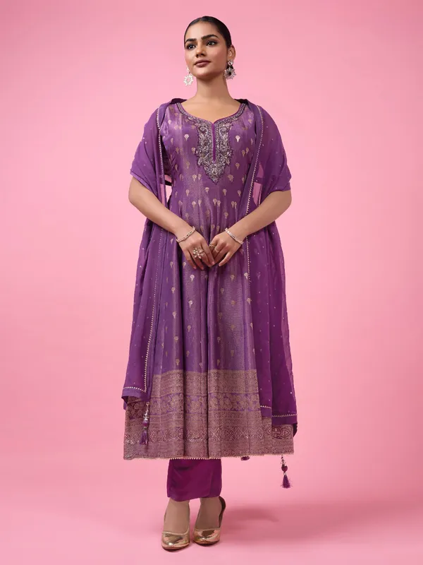 Purple silk anarkali suit with zari detailing
