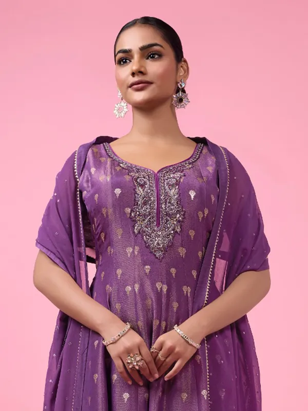 Purple silk anarkali suit with zari detailing
