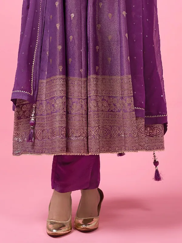 Purple silk anarkali suit with zari detailing