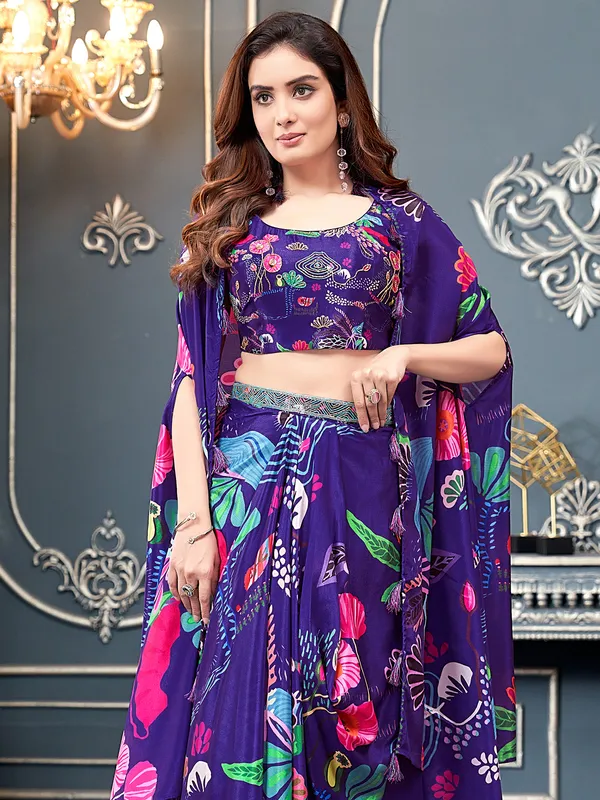 Purple silk designer suit with print
