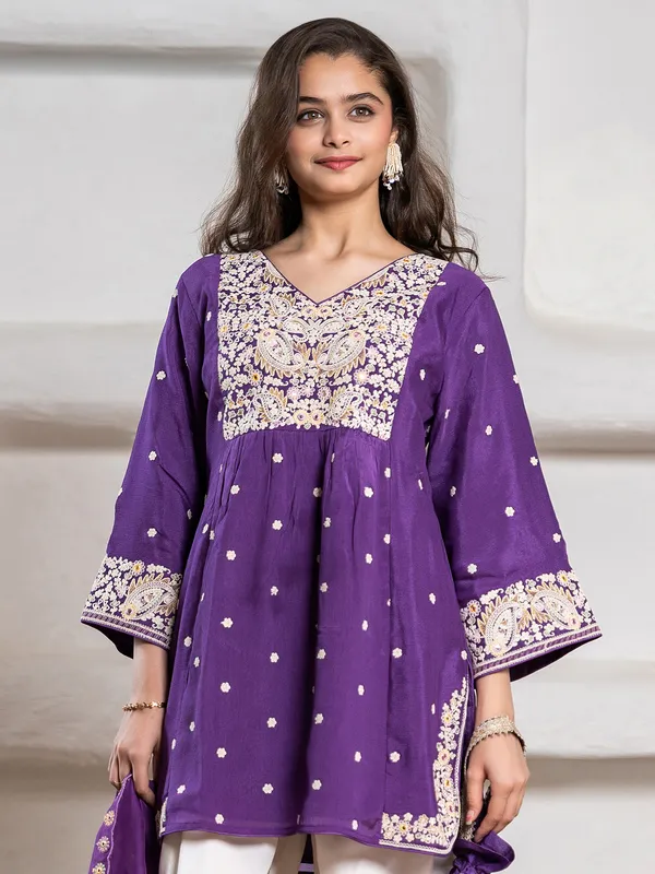 Purple silk dhoti suit with aabla and embroidery