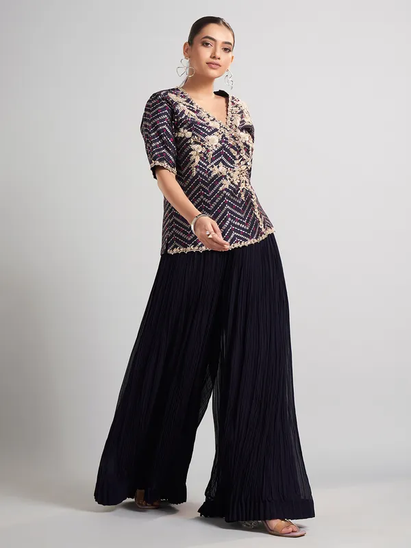 Purple silk embellished palazzo suit for wedding wear