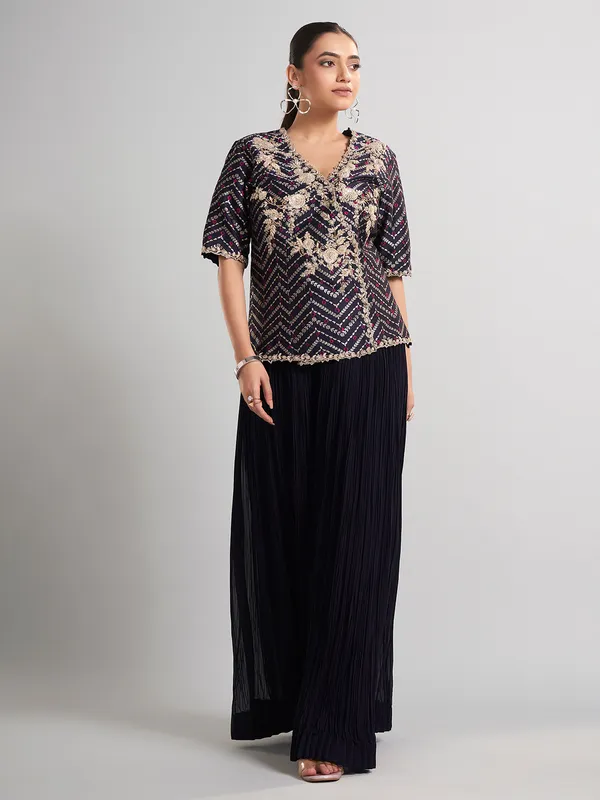 Purple silk embellished palazzo suit for wedding wear
