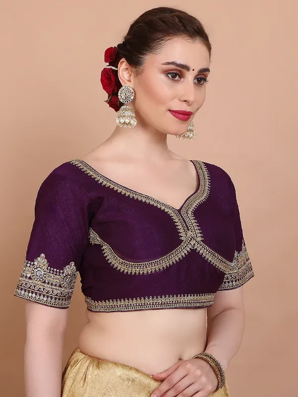 Purple silk embroidered blouse with sweetheart neck