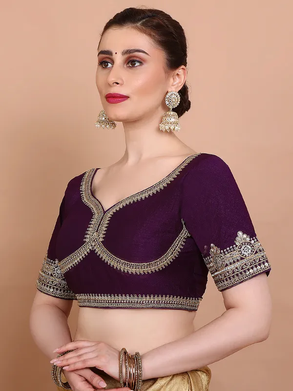 Purple silk embroidered blouse with sweetheart neck