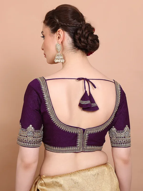 Purple silk embroidered blouse with sweetheart neck
