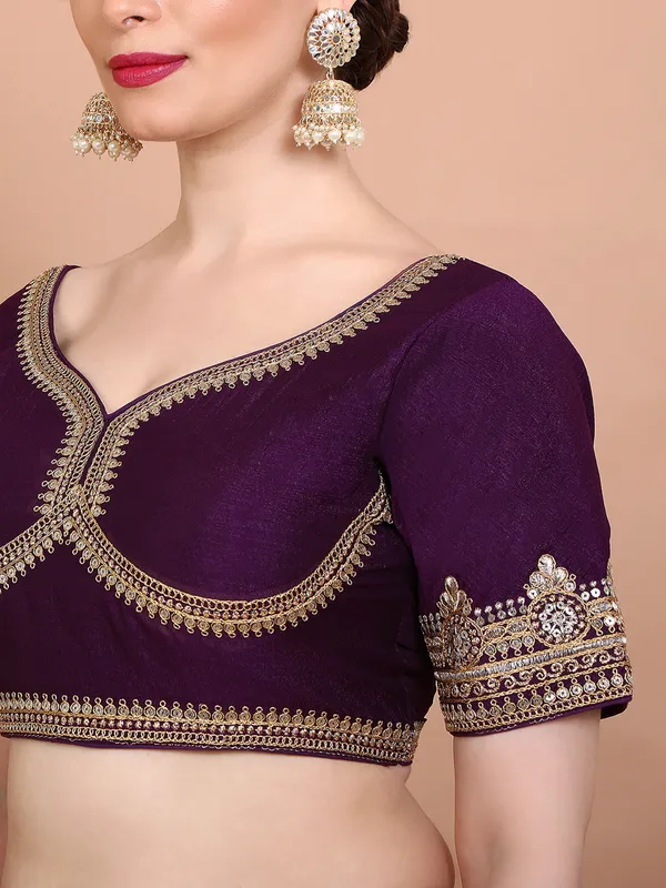 Purple silk embroidered blouse with sweetheart neck
