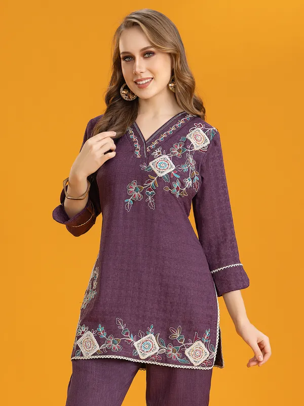 Purple silk embroidered pant co-ord set