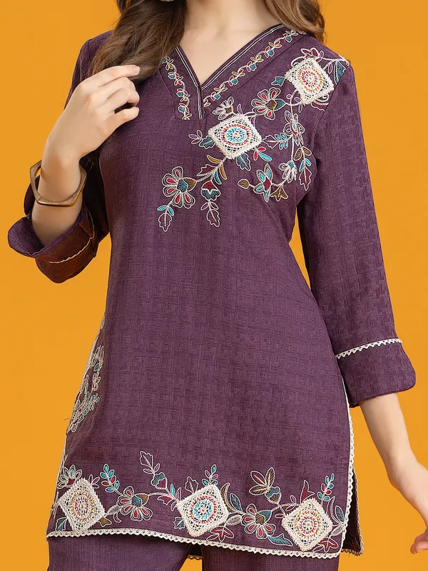 Purple silk embroidered pant co-ord set