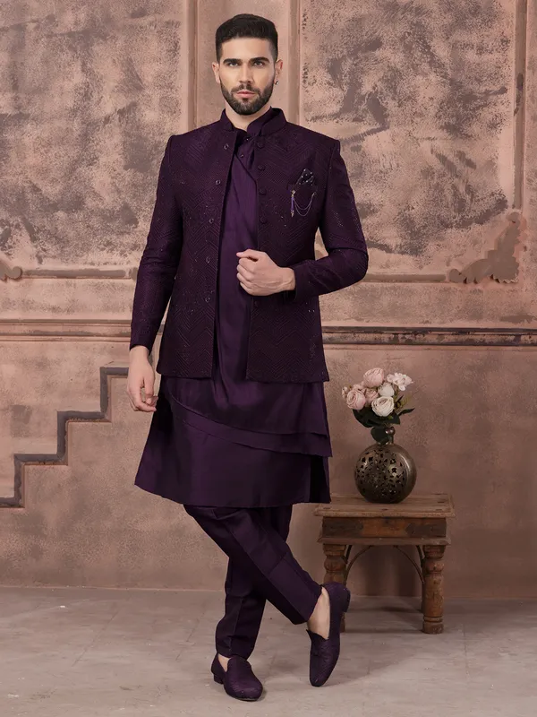 Purple silk embroidery indowestern