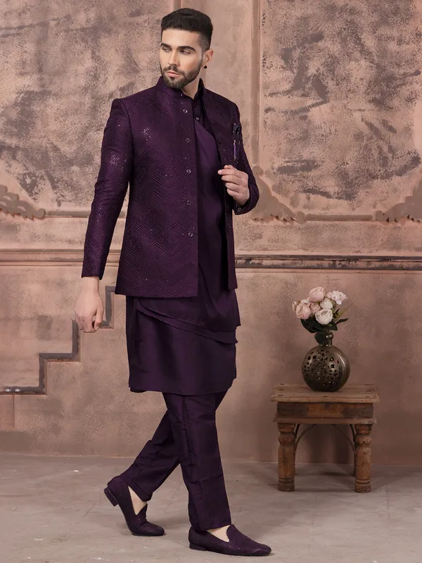 Purple silk embroidery indowestern