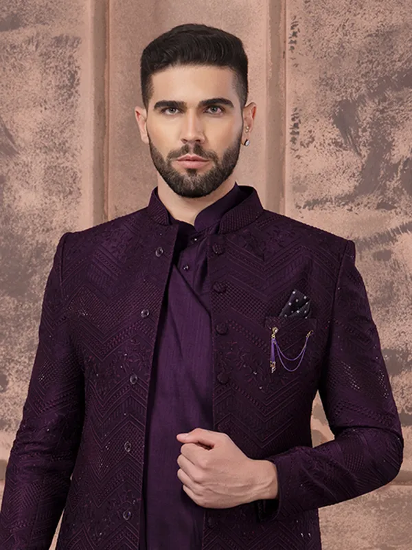 Purple silk embroidery indowestern