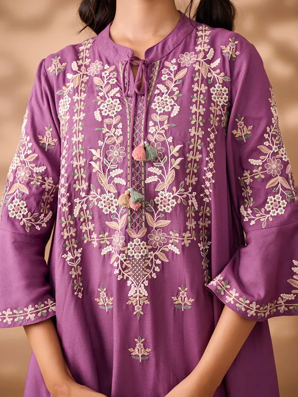 Purple silk embroidery kurti