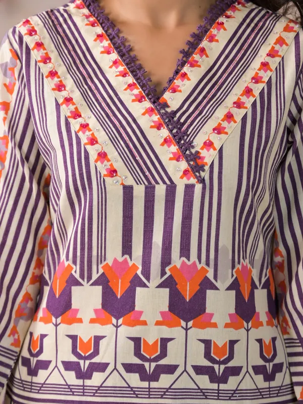 Purple silk festive kurti set with printed