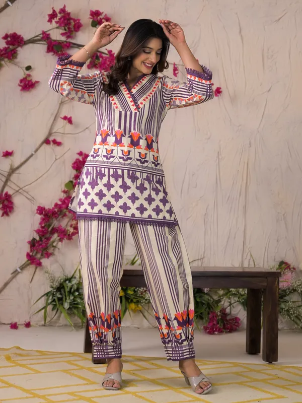 Purple silk festive kurti set with printed