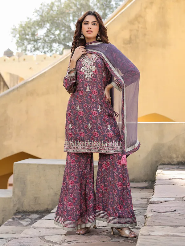 Purple silk floral kurti palazzo outfit