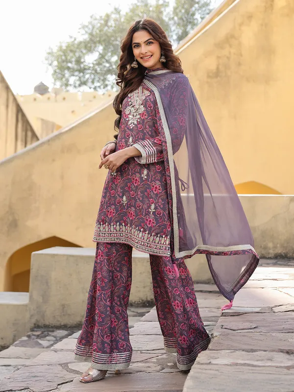 Purple silk floral kurti palazzo outfit