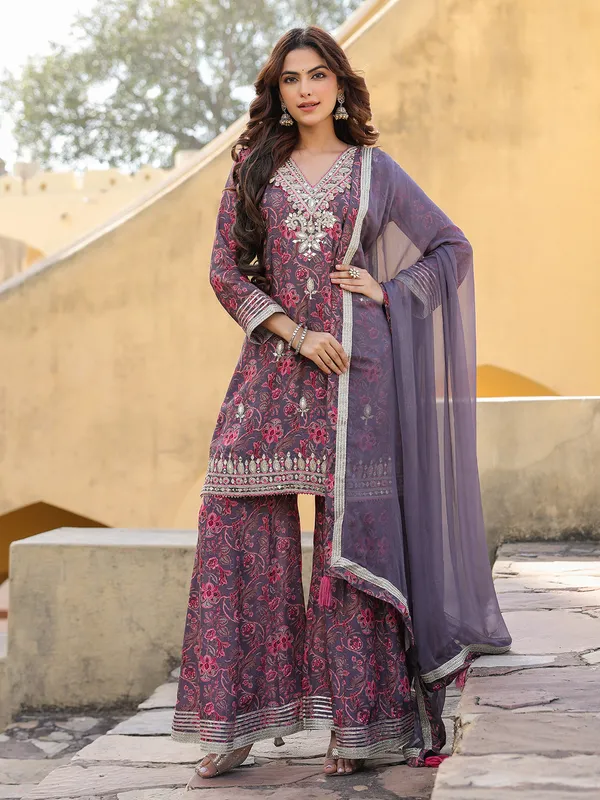 Purple silk floral kurti palazzo outfit