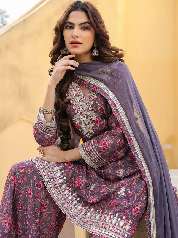 Purple silk floral kurti palazzo outfit