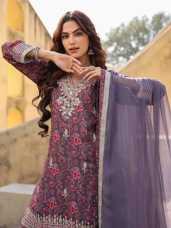 Purple silk floral kurti palazzo outfit