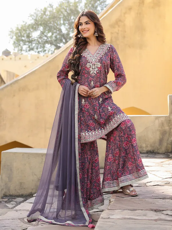 Purple silk floral kurti palazzo outfit