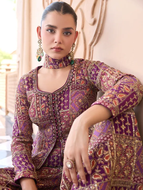 Purple silk jacket style palazzo suit