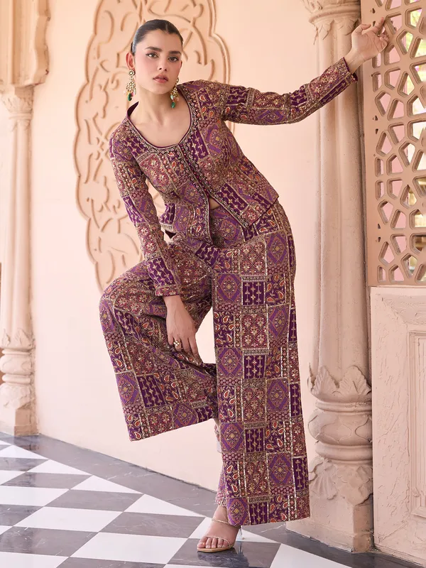 Purple silk jacket style palazzo suit