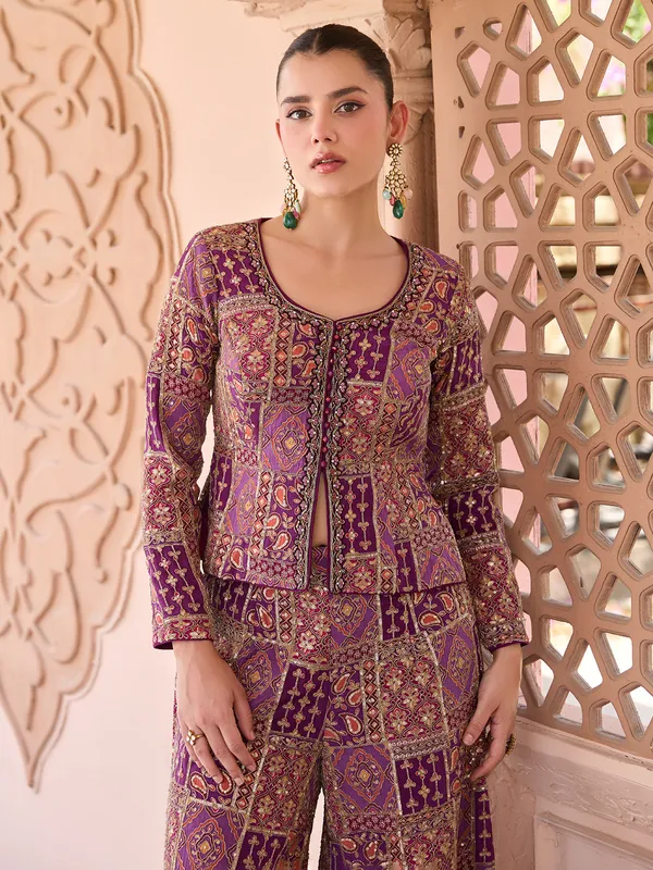 Purple silk jacket style palazzo suit