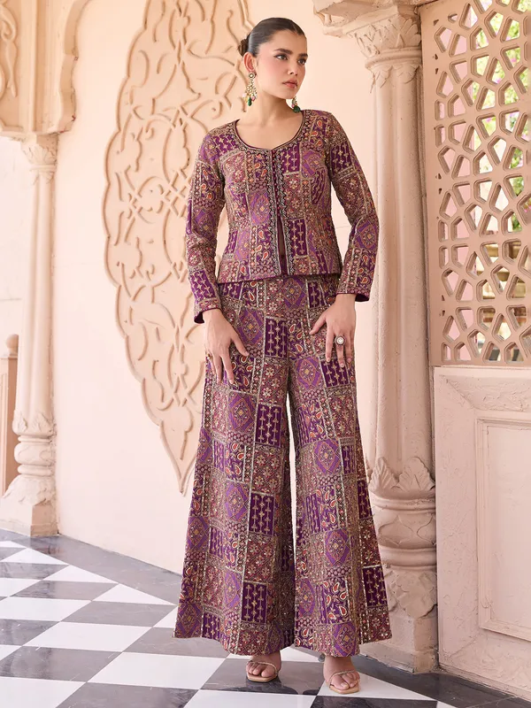 Purple silk jacket style palazzo suit