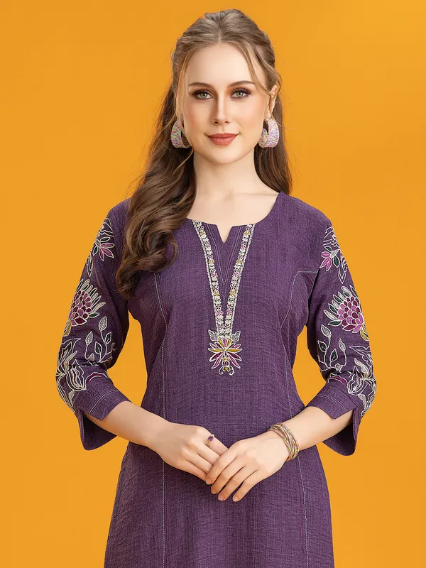 Purple silk kurti pant set with embroidery