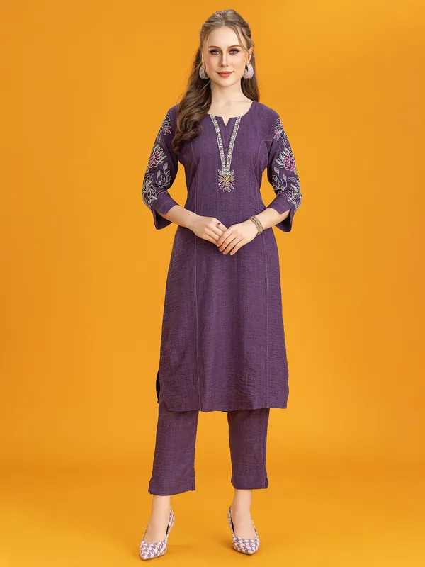 Purple silk kurti pant set with embroidery