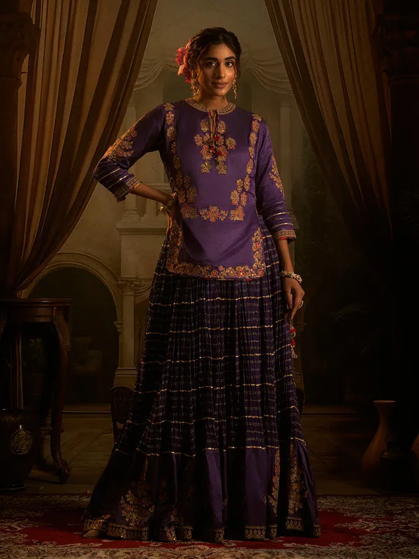 Purple silk lehenga choli with resham work