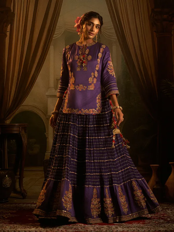 Purple silk lehenga choli with resham work