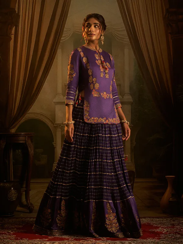 Purple silk lehenga choli with resham work