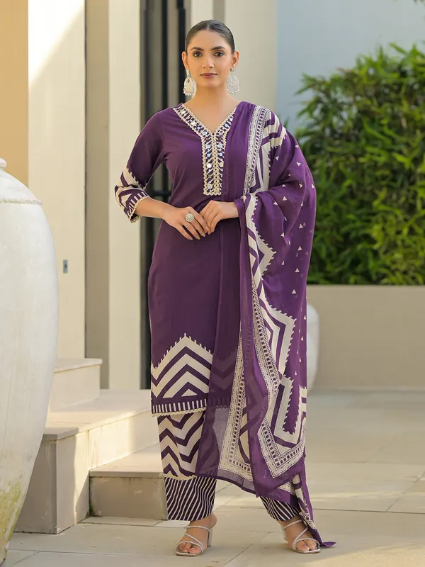 Purple silk mirror embellished kurti set