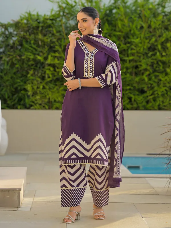 Purple silk mirror embellished kurti set