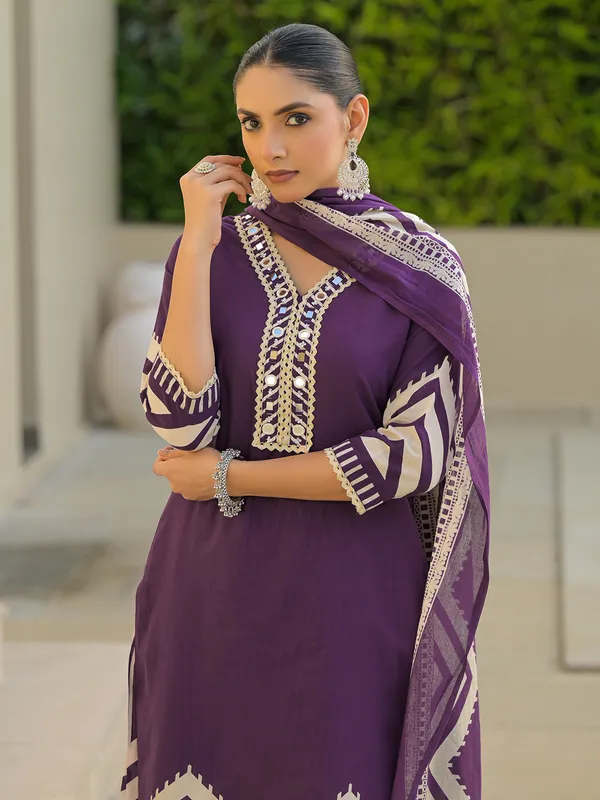 Purple silk mirror embellished kurti set