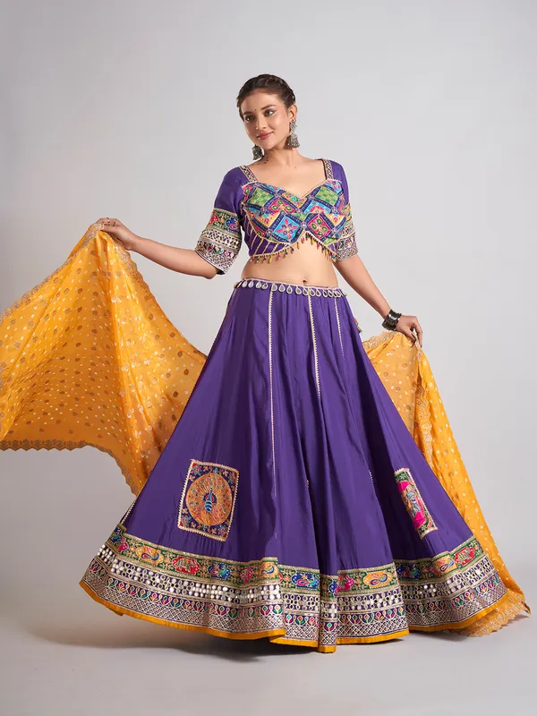 Purple silk mirror work chaniya choli with dupatta