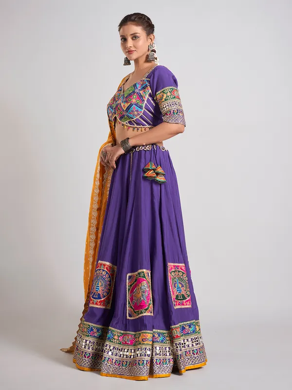 Purple silk mirror work chaniya choli with dupatta