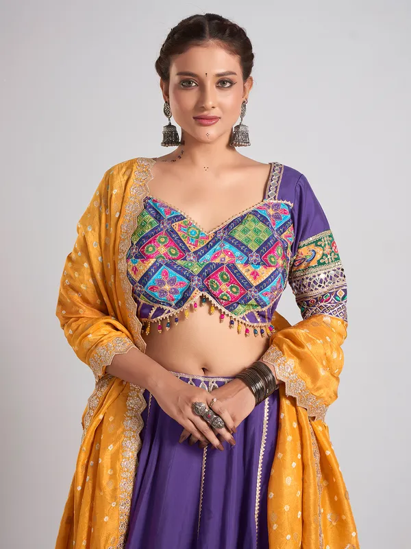Purple silk mirror work chaniya choli with dupatta