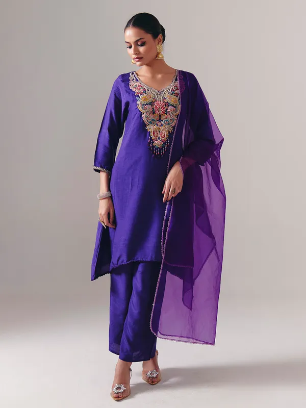 Purple silk pakistani palazzo suit with dupatta