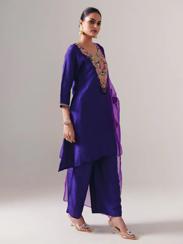 Purple silk pakistani palazzo suit with dupatta