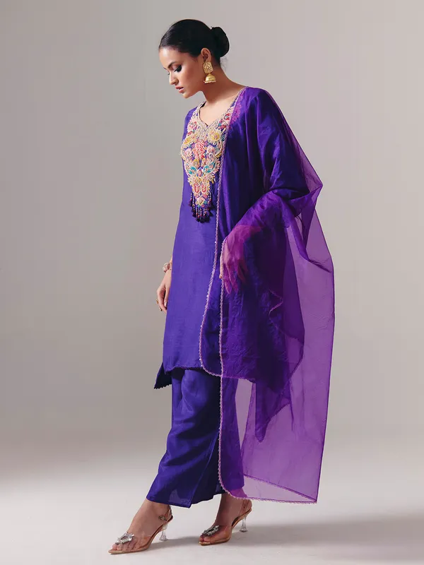 Purple silk pakistani palazzo suit with dupatta