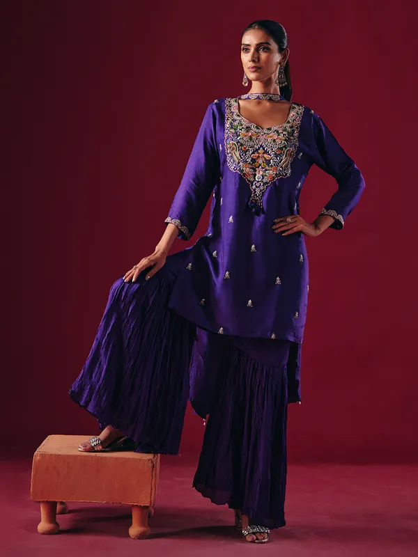 Purple silk pakistani sharara suit