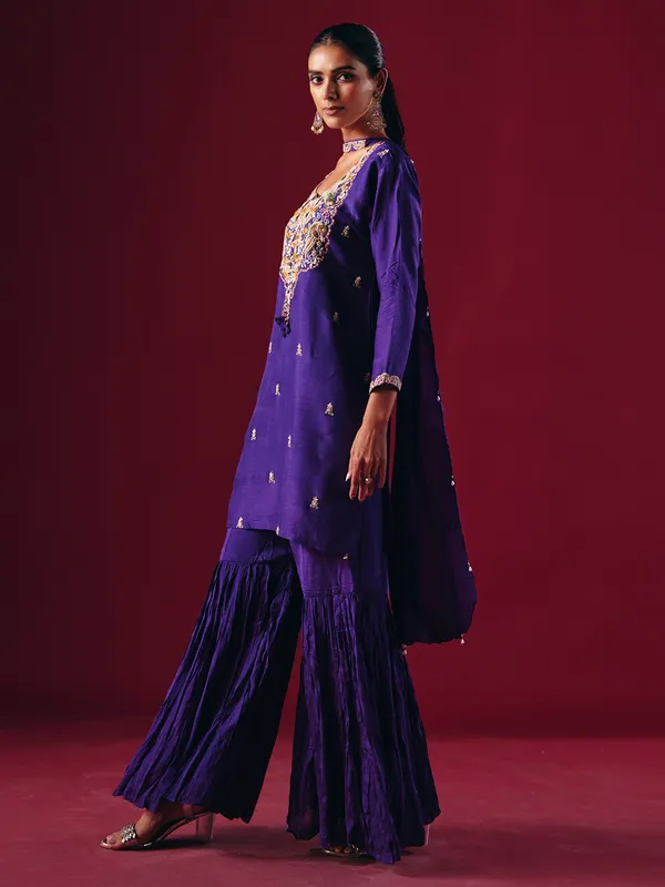 Purple silk pakistani sharara suit