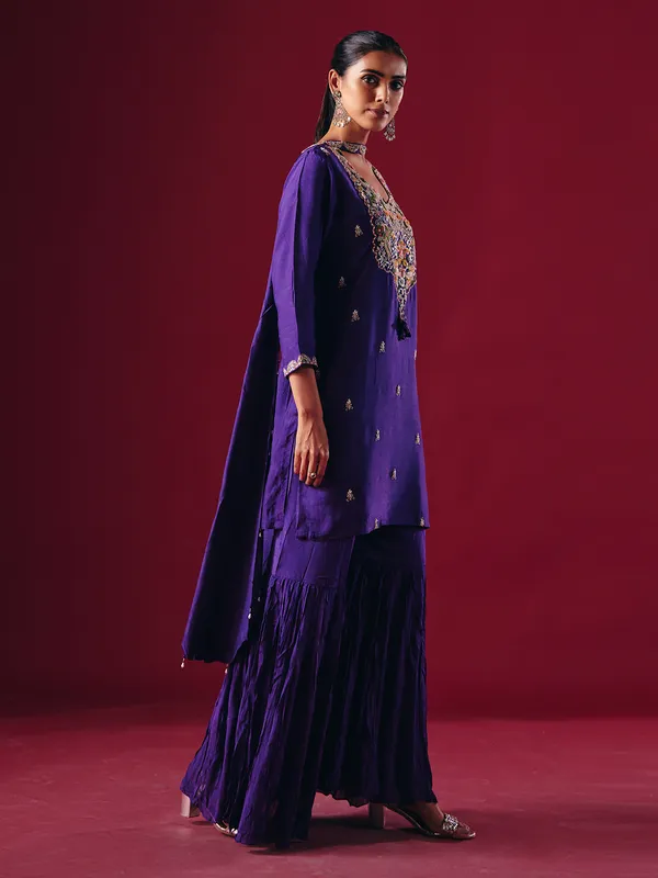 Purple silk pakistani sharara suit
